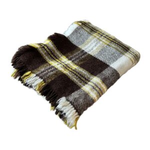 Blanket/throw block-pattern brown&white with yellow-stripes