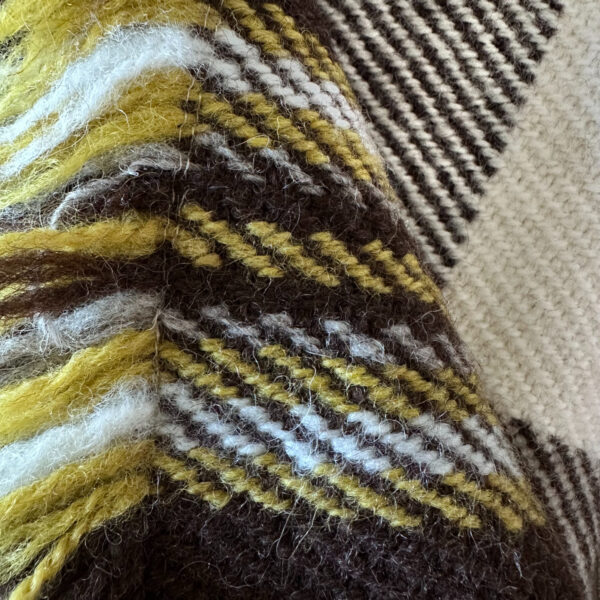 Blanket/throw block-pattern brown&white with yellow-stripes