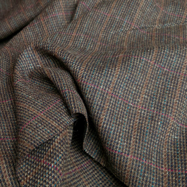Diagonal twill wool brown-blue-red check-pattern