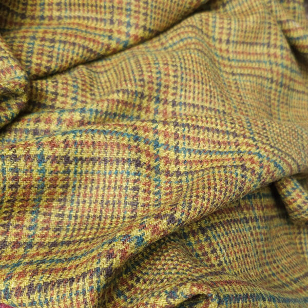 Diagonal twill wool yellow-brown-blue check-pattern