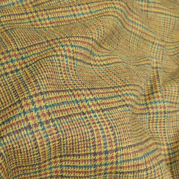 Diagonal twill wool yellow-brown-blue check-pattern