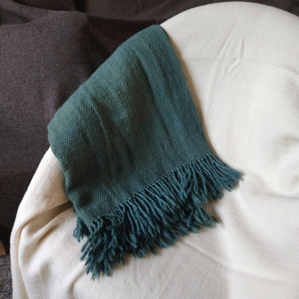 Handwoven blanket/mantle diamond-twill wool petrol-green