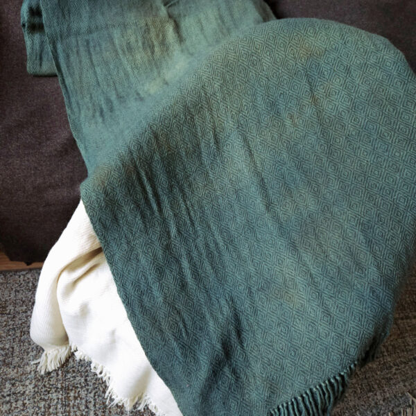 Handwoven blanket/mantle diamond-twill wool petrol-green